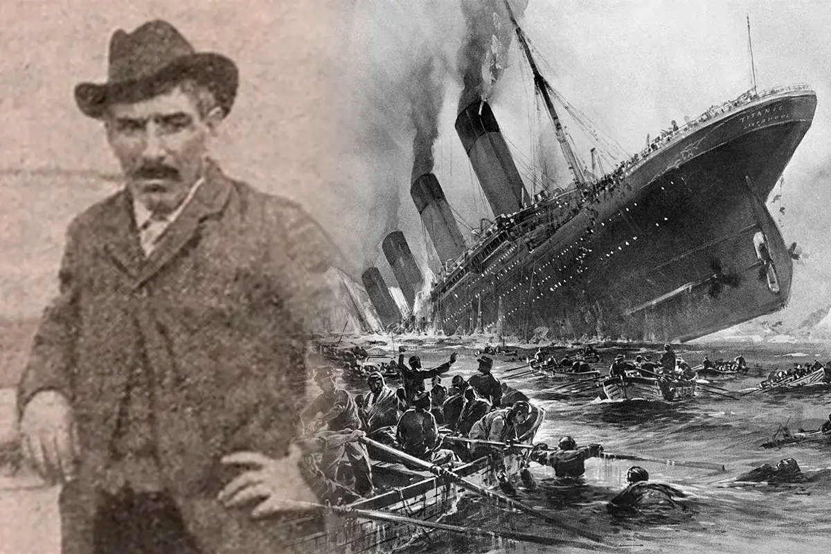 En man i hatt och kavaj, bredvid en dramatisk illustration av Titanic som sjunker, med livbåtar och människor i vattnet. En påminnelse om hur många dog på Titanic.