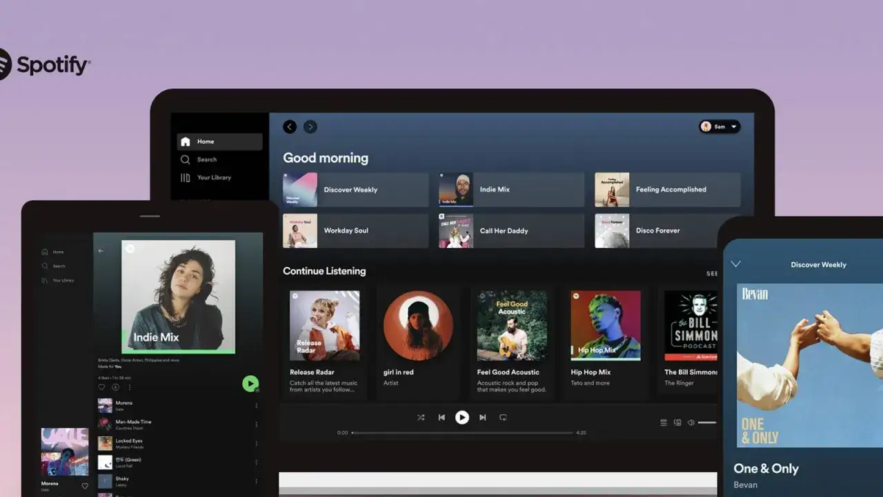 Spotify historia odtwarzania na ekranach tabletów i telefonu. Widoczne playlisty: Indie Mix, Release Radar, Feel Good Acoustic.