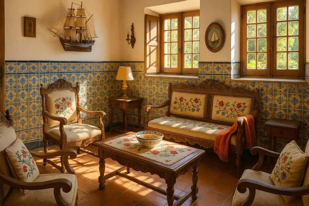 Un salon chaleureux dans un **int&eacute;rieur de maison portugaise**, avec des carreaux bleus et jaunes, des meubles anciens et une maquette de bateau.