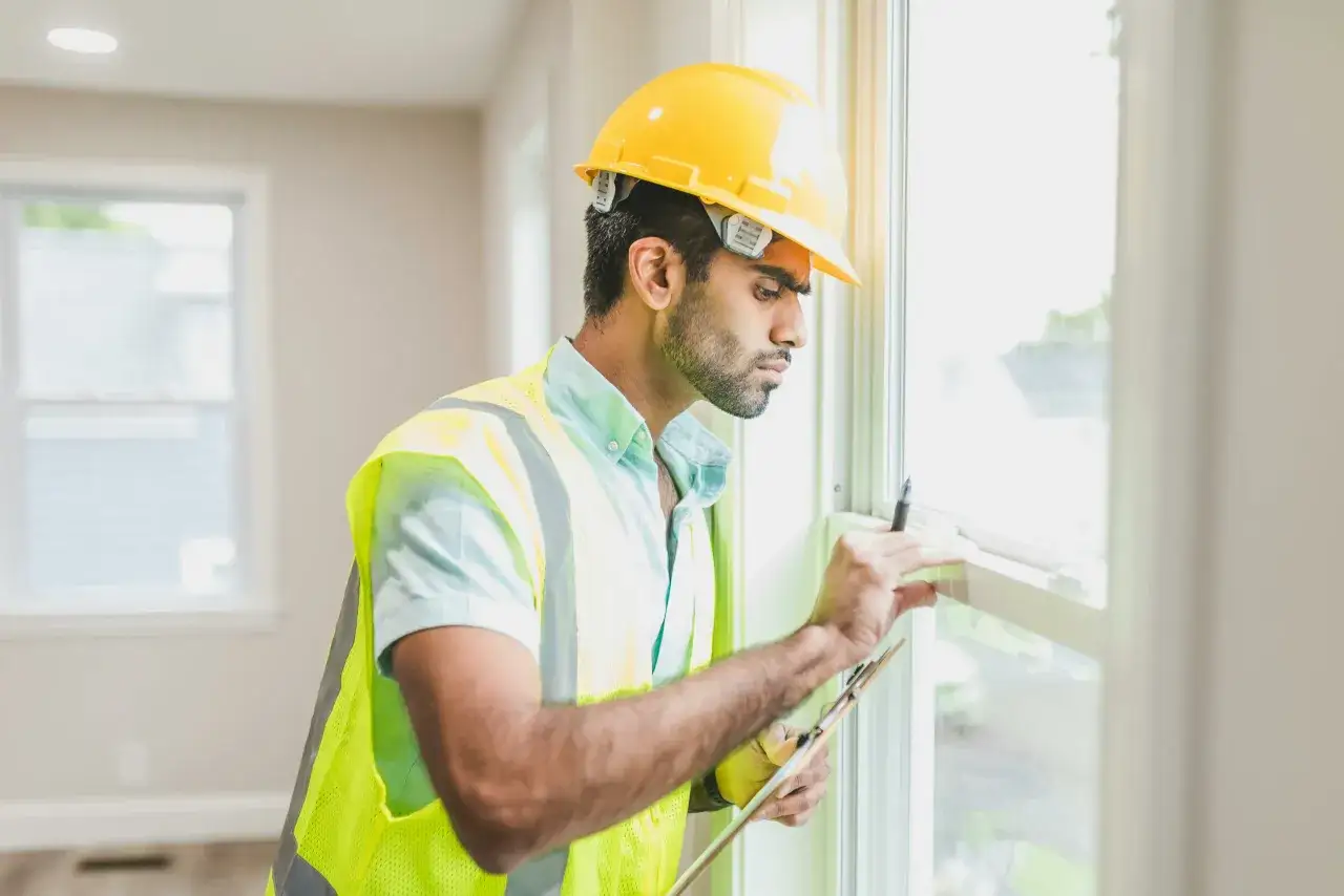 Un inspector con casco amarillo revisa una ventana, anotando detalles. Preg&uacute;ntate: &iquest;cu&aacute;nto cuesta tasar una vivienda?