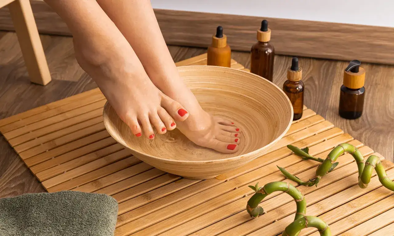 Pieds dans un bain de pieds en bois, entour&eacute;s d'huiles essentielles et de bambou. Un rem&egrave;de de grand-m&egrave;re pour les pieds qui puent.
