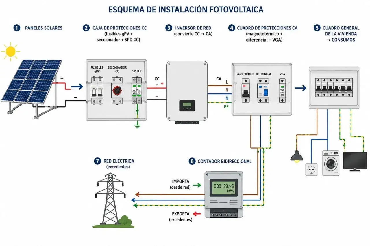 Esquema de instalaci&oacute;n fotovoltaica: paneles solares, inversor, cuadro de protecciones y contador bidireccional que gestiona la importaci&oacute;n y exportaci&oacute;n de energ&iacute;a, incluyendo los excedentes PVPC.