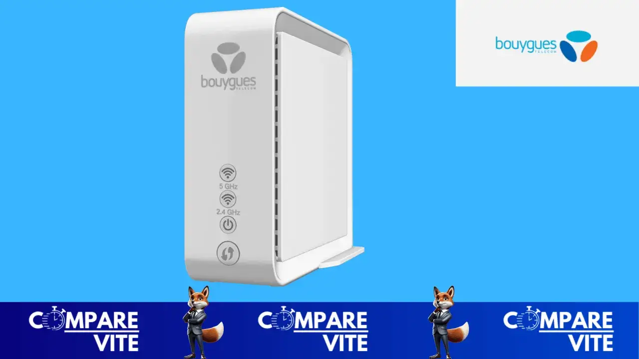 Boîte Bouygues Telecom blanche avec logos Wi-Fi 5 GHz et 2,4 GHz. Un renard en costume à gauche et à droite.