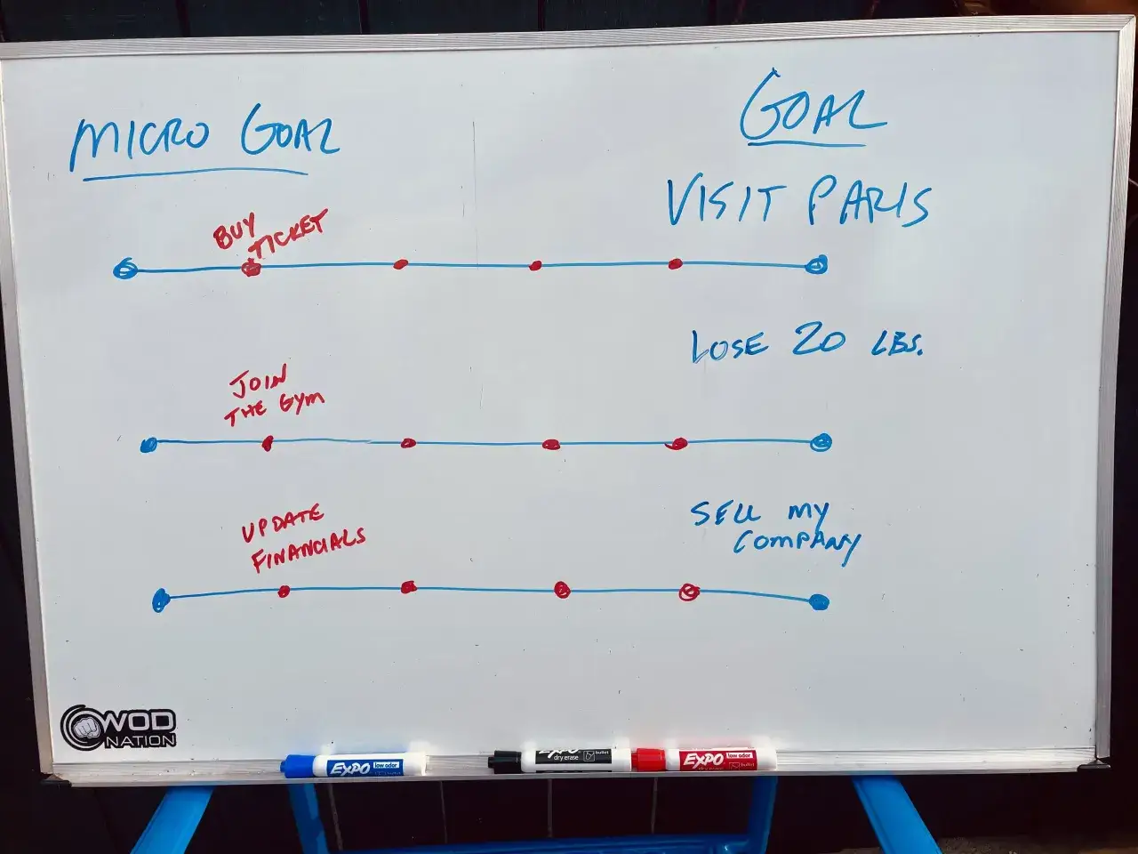 Whiteboard lists goals: Visit Paris, Lose 20 lbs, Sell Company. Micro-goals include buying tickets, joining gym, updating financials. Don't procrastinate!
