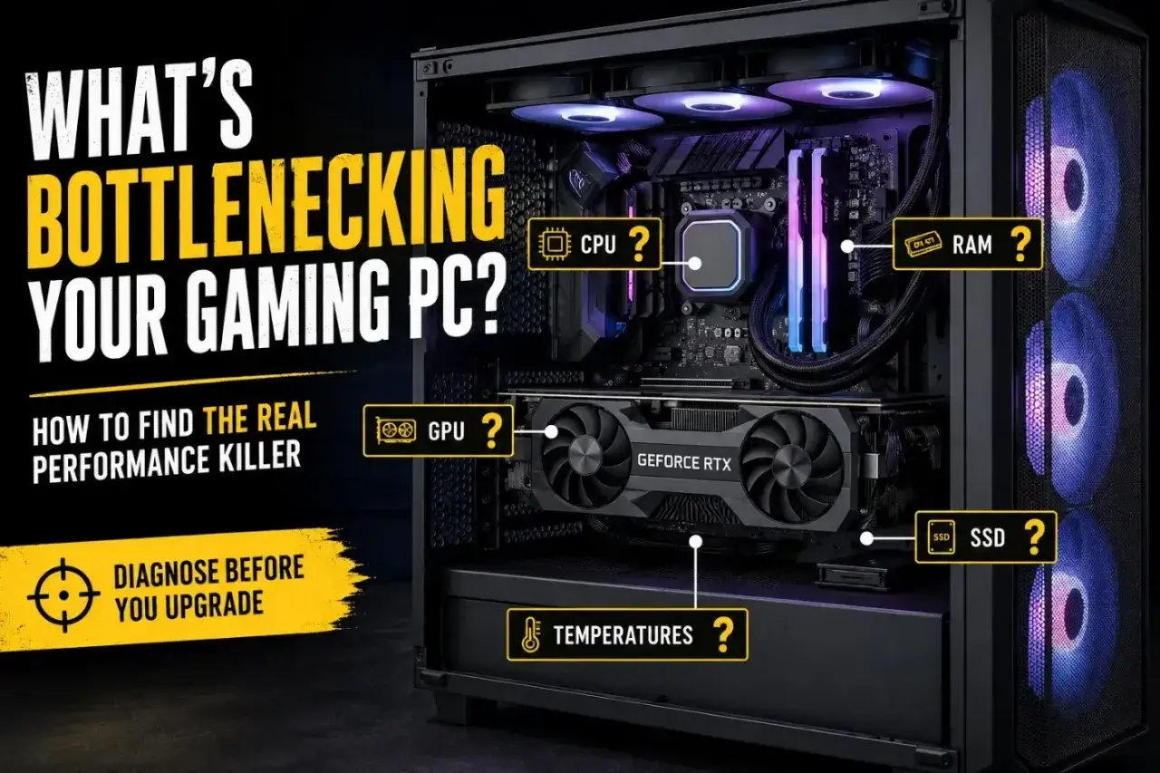 Wnętrze komputera gamingowego z podświetleniem RGB. Etykiety wskazują na CPU, GPU, RAM, SSD i temperatury, sugerując diagnozę problemów z wydajnością, które mogą wpływać na gry z wykorzystaniem DirectX.