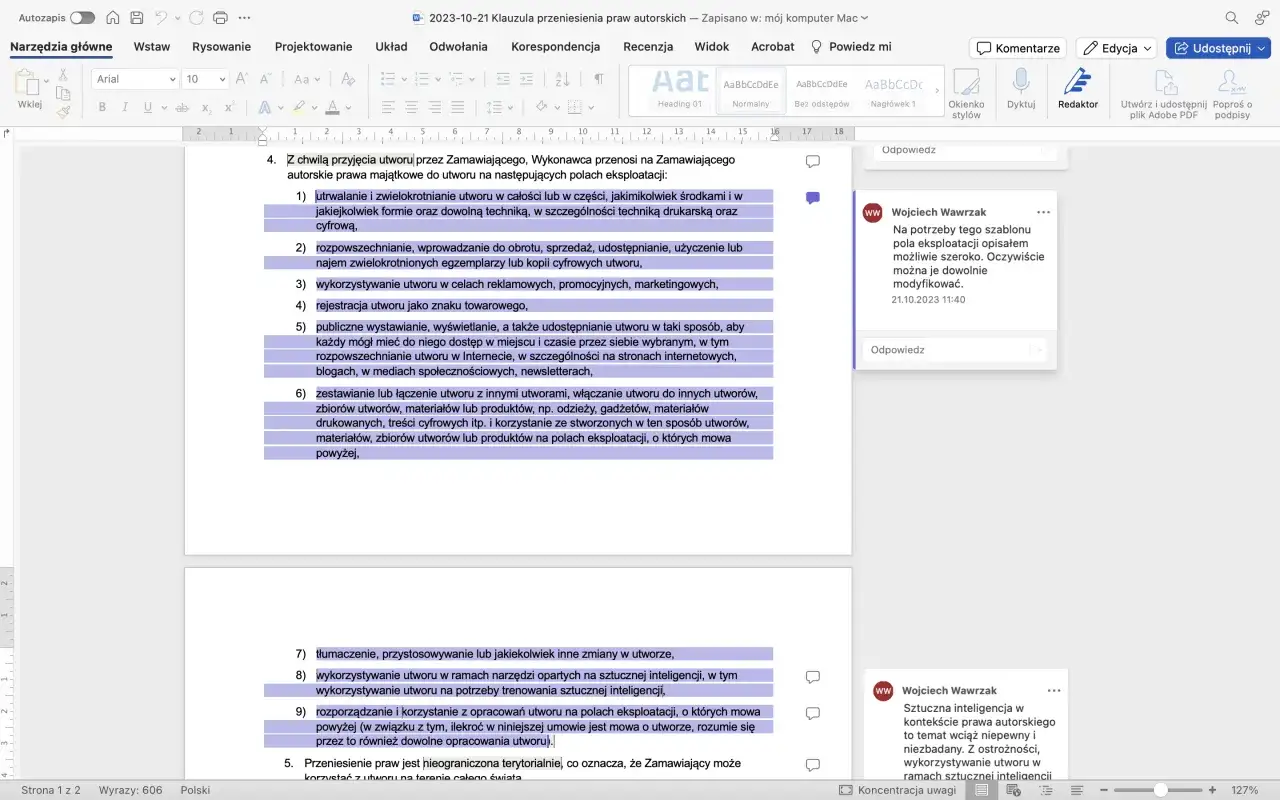 Wzór umowy o przeniesienie praw autorskich. Dokument zawiera listę pól eksploatacji utworu, np. tłumaczenie, wykorzystanie w celach reklamowych, czy rejestracja jako znak towarowy.