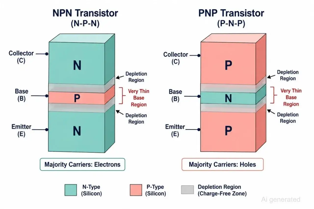Der Transistor Aufbau zeigt NPN- und PNP-Typen mit ihren Schichten: Emitter, Basis und Kollektor.