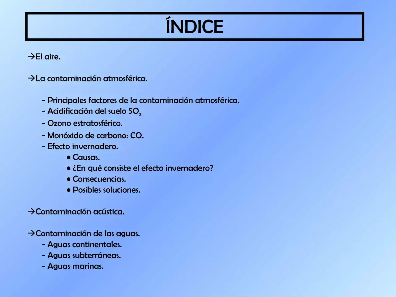 Índice de temas: aire, contaminación atmosférica (causas, acidificación, ozono, CO, efecto invernadero), contaminación acústica y de aguas (continentales, subterráneas, marinas).