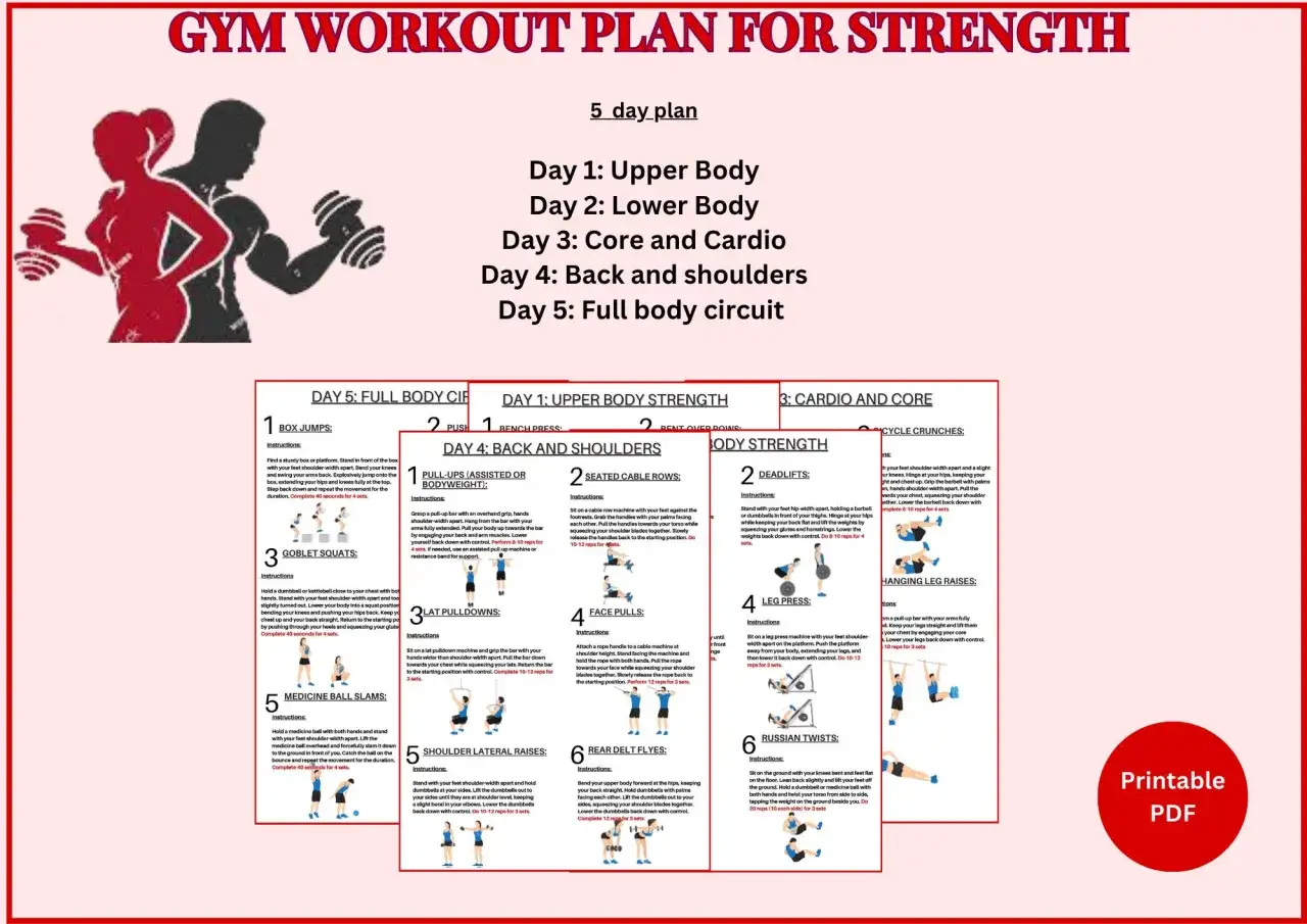 5-dniowy plan treningowy: Dzień 1: Górna część ciała, Dzień 2: Dolna część ciała, Dzień 3: Core i cardio, Dzień 4: Plecy i barki, Dzień 5: Pełne ciało.