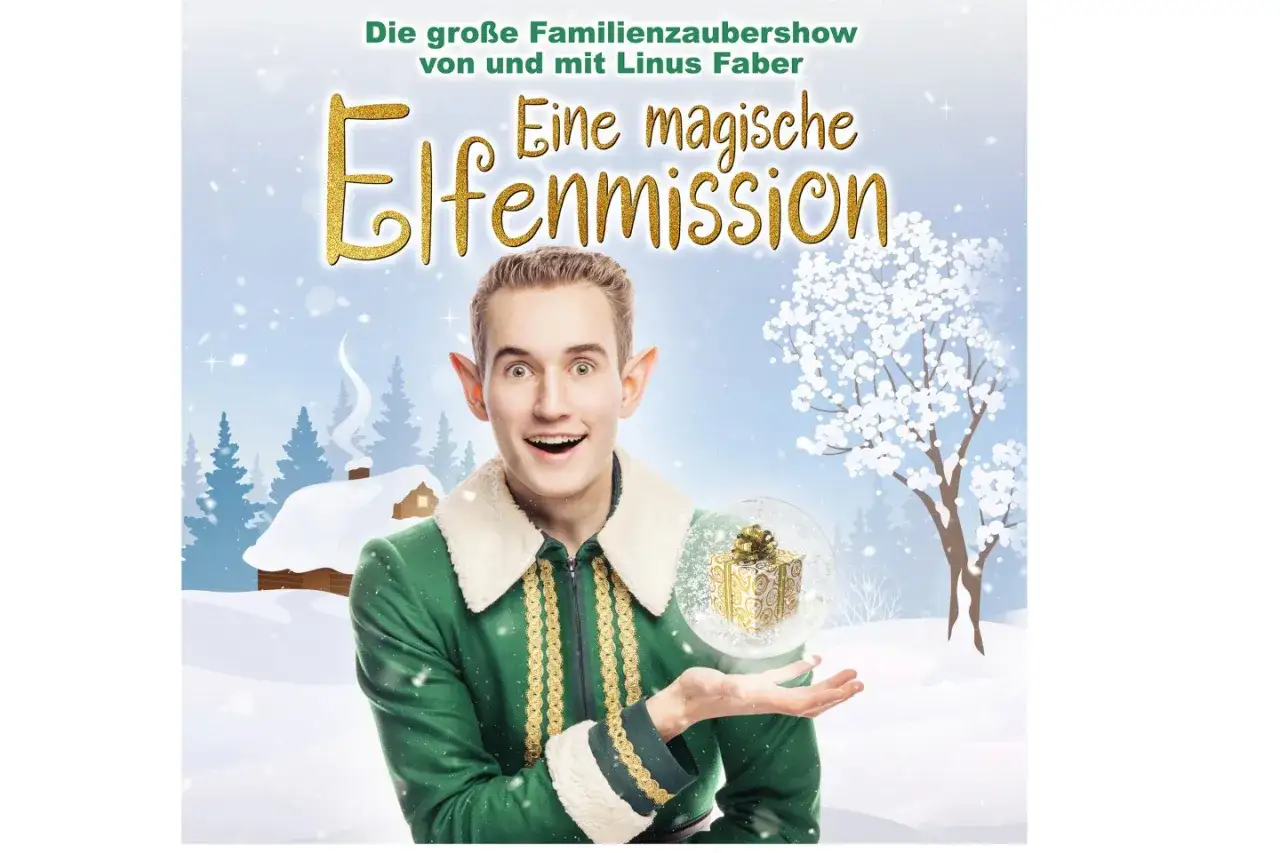 Ein Elf mit spitzen Ohren h&auml;lt eine Schneekugel mit Geschenk. Die Werbung verspricht eine magische Elfenmission, wie in einer Weihnachtsgeschichte f&uuml;r Kinder.