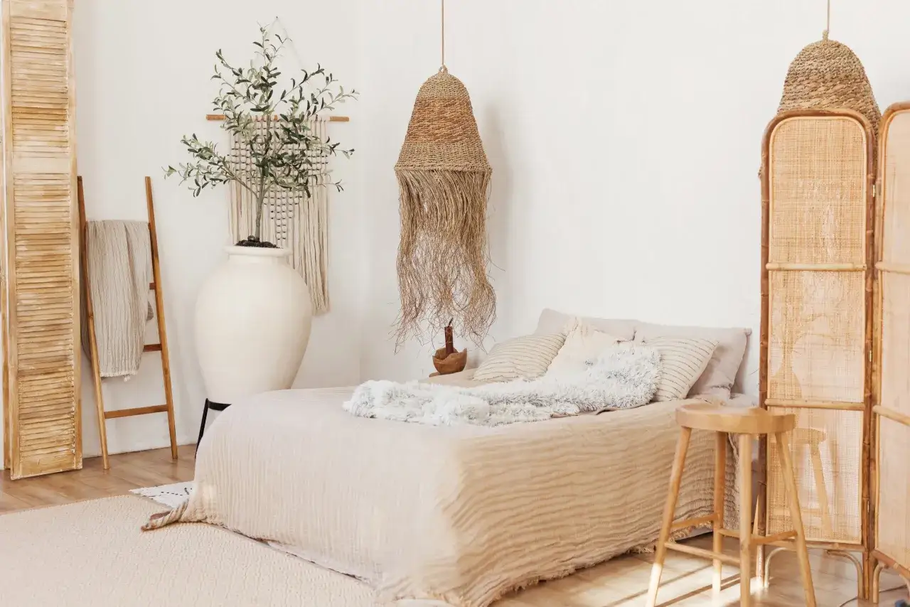 Une chambre d&eacute;co boh&egrave;me avec un lit douillet, un grand vase, une plante d'olivier, un lustre en paille et un paravent en rotin.