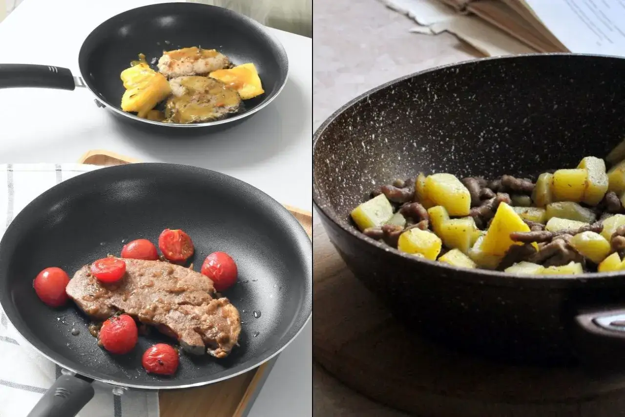 porównanie patelni ceramicznej i granitowej infografika