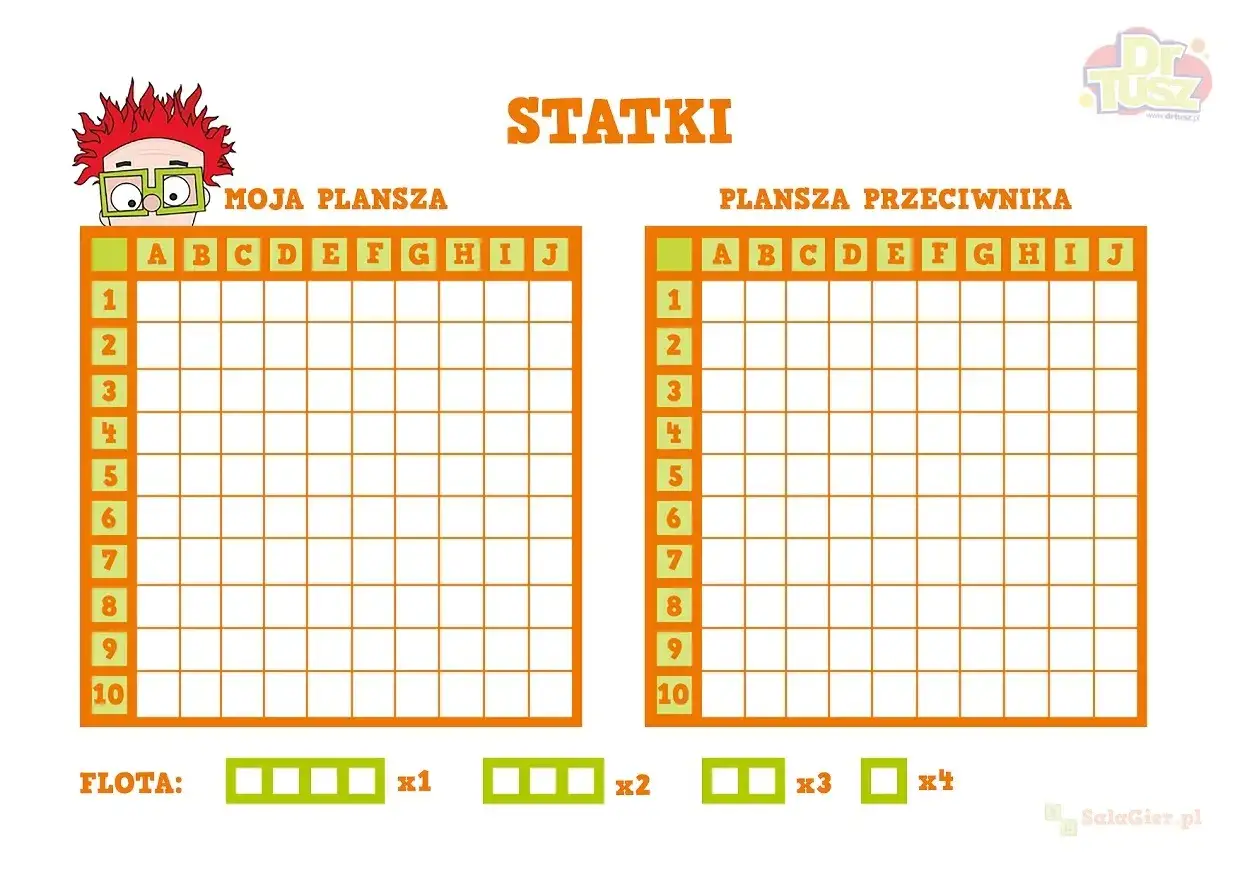 Plansza do gry w statki z polami do zaznaczania własnych okrętów i trafień przeciwnika.