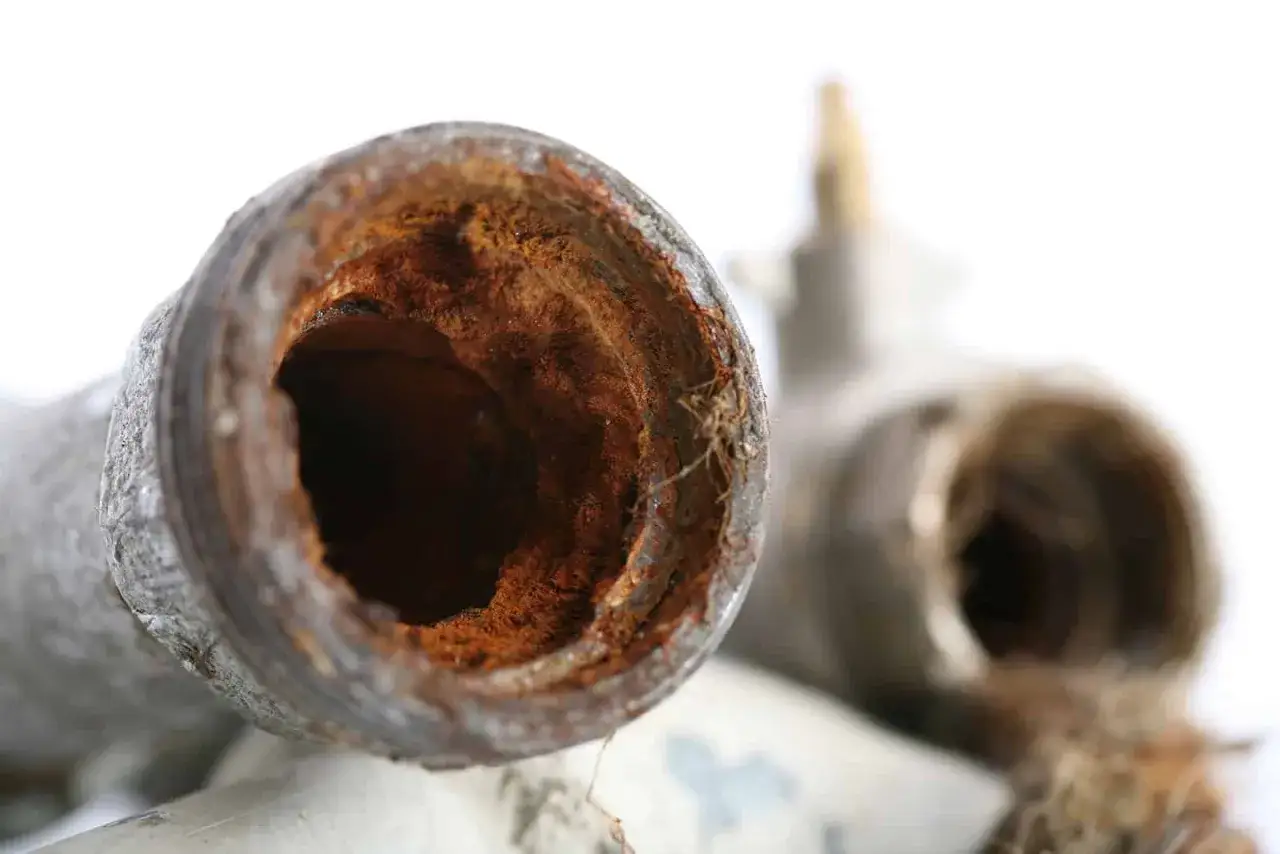 Int&eacute;rieur d'une canalisation en cuivre fortement corrod&eacute;e, montrant un danger potentiel pour la sant&eacute; et l'int&eacute;grit&eacute; des installations.