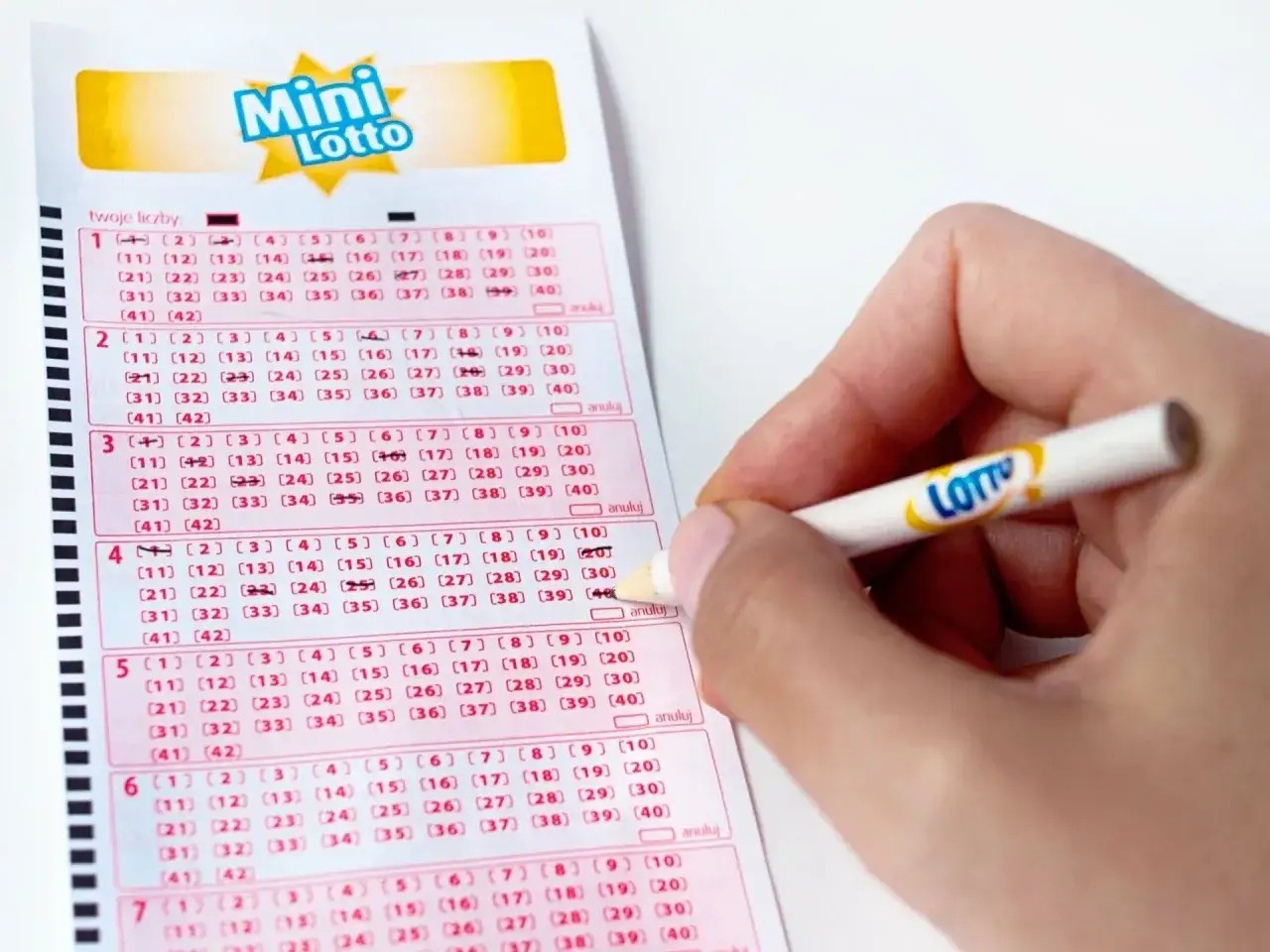Ręka zaznacza liczby na kuponie Mini Lotto. Czas sprawdzić wyniki lotto i kupon!
