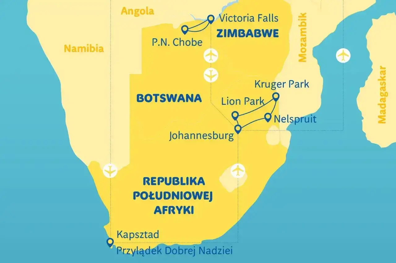 Mapa południowej Afryki z zaznaczonymi atrakcjami: Wodospady Wiktorii w Zimbabwe, Park Narodowy Chobe, Johannesburg, Kruger Park.