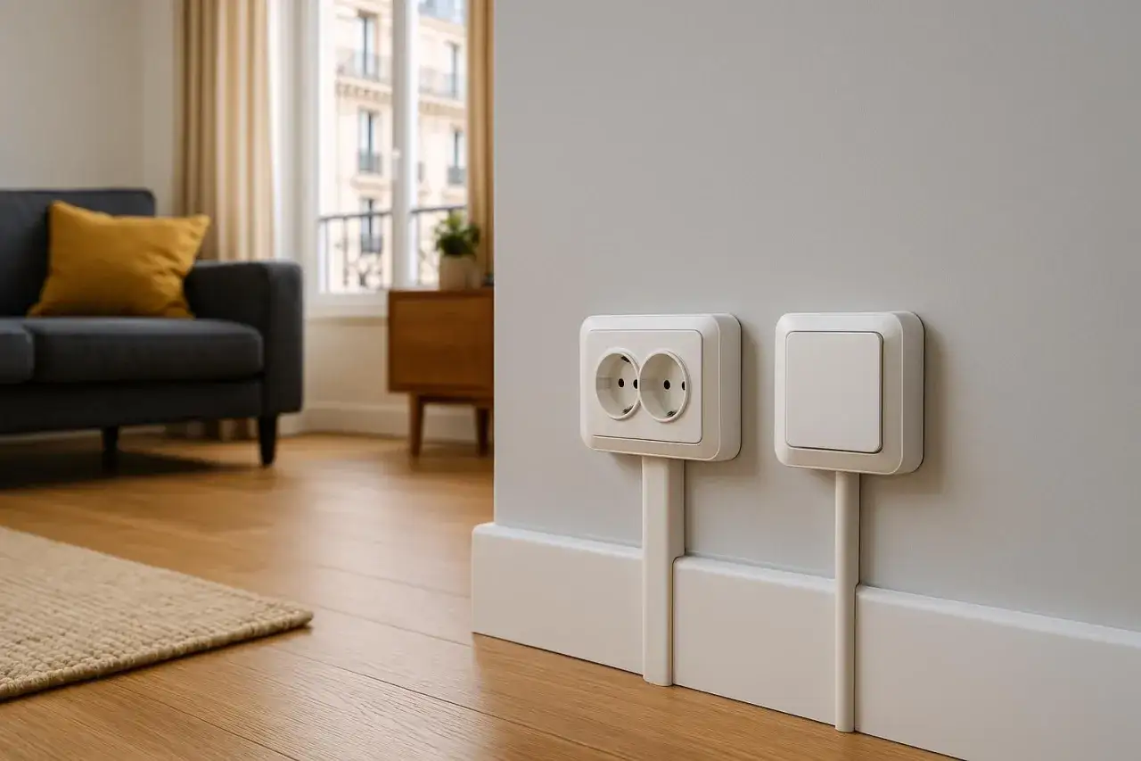 Solution &eacute;l&eacute;gante pour installer une prise &eacute;lectrique sans percer. Prises et interrupteur blancs fix&eacute;s sur un cache-fil discret le long du mur.