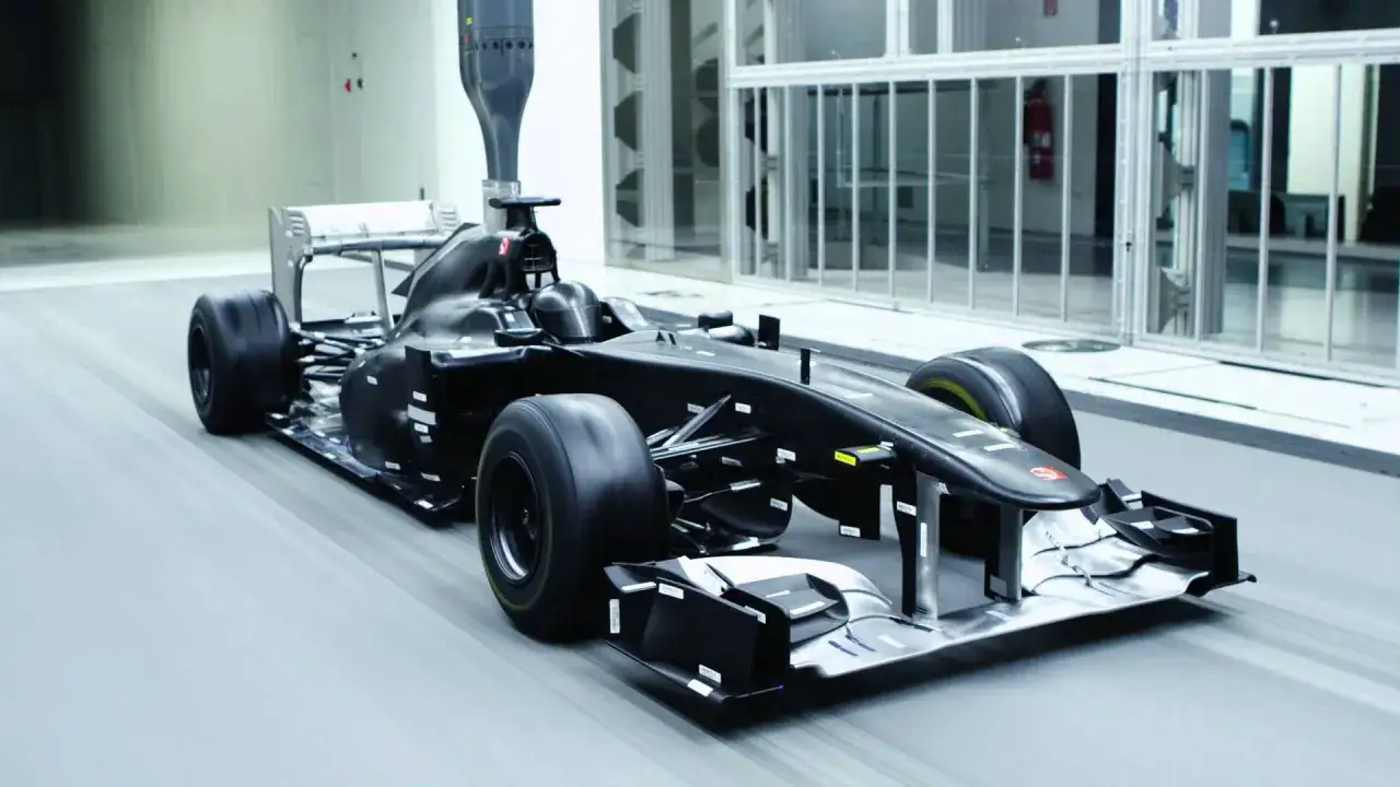 Schwarzer Formel-1-Wagen im Windkanal, bereit für Tests, um die Aerodynamik für noch schnellere Autos zu optimieren.