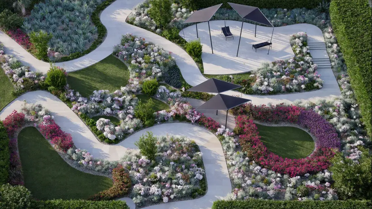 Traumhafte garten aufteilung ideen mit geschwungenen Wegen, bunten Bl&uuml;tenbeeten und schattigen Sitzpl&auml;tzen.