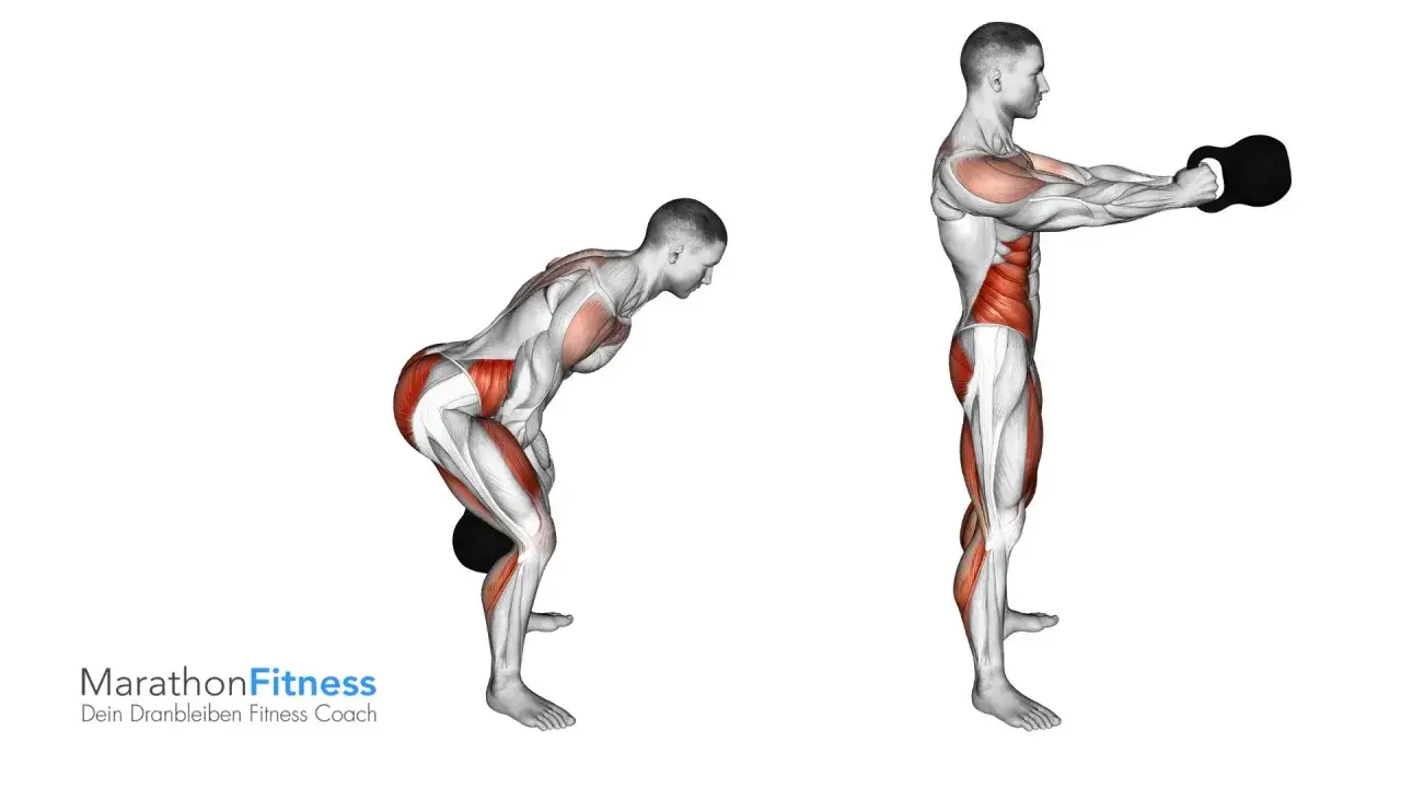 Anatomische Darstellung eines Mannes, der ein Kettlebell-Schwingen ausf&uuml;hrt. Die Muskeln sind hervorgehoben.