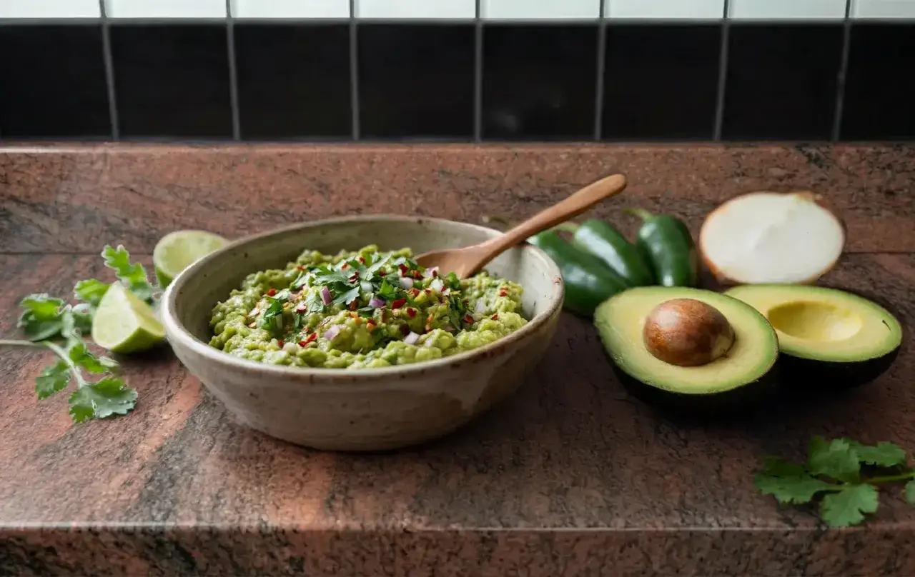 Un d&eacute;licieux rougail avocat frais, garni de coriandre et d'oignons rouges, pr&ecirc;t &agrave; &ecirc;tre d&eacute;gust&eacute; avec des jalape&ntilde;os et des citrons verts.