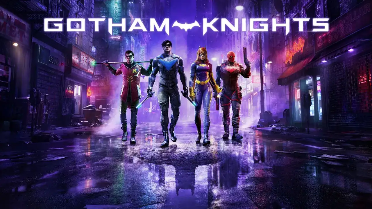 Czterech bohaterów z gry Gotham Knights idzie nocą przez deszczowe miasto.