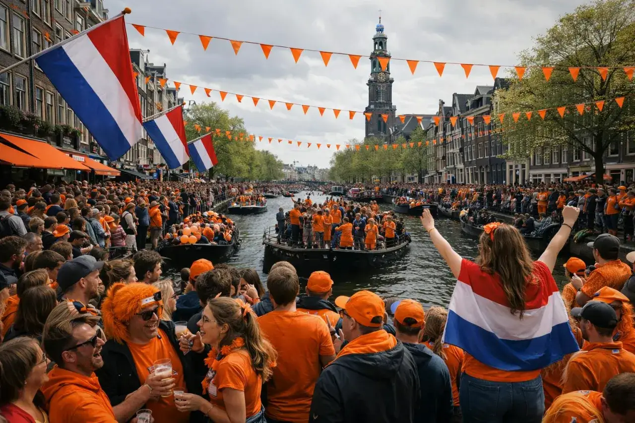Tłumy świętują Króla w Amsterdamie, kanał wypełniony łodziami, ludzie w pomarańczowych strojach i flagi Holandii.