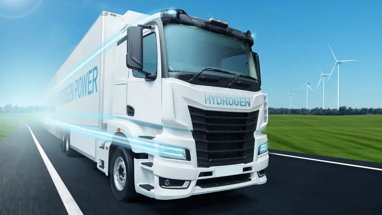 Le Nikola One, camion &agrave; hydrog&egrave;ne, roule sur une route, entour&eacute; d'un paysage verdoyant et d'&eacute;oliennes.