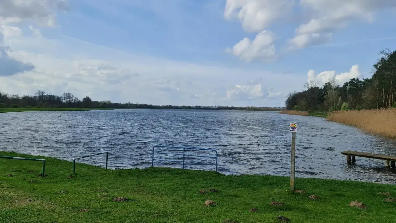Wietrzny dzień nad zalewem bolimowskim. Falująca woda, zielona trawa i chmury na niebie.