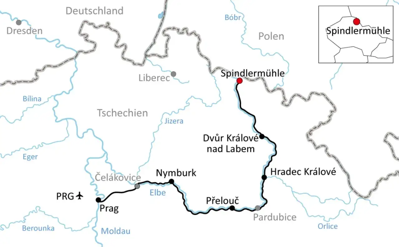 Radweg entlang der Elbe in Tschechien: Von Prag &uuml;ber Nymburk, Hradec Kr&aacute;lov&eacute; bis nach Spindlerm&uuml;hle.