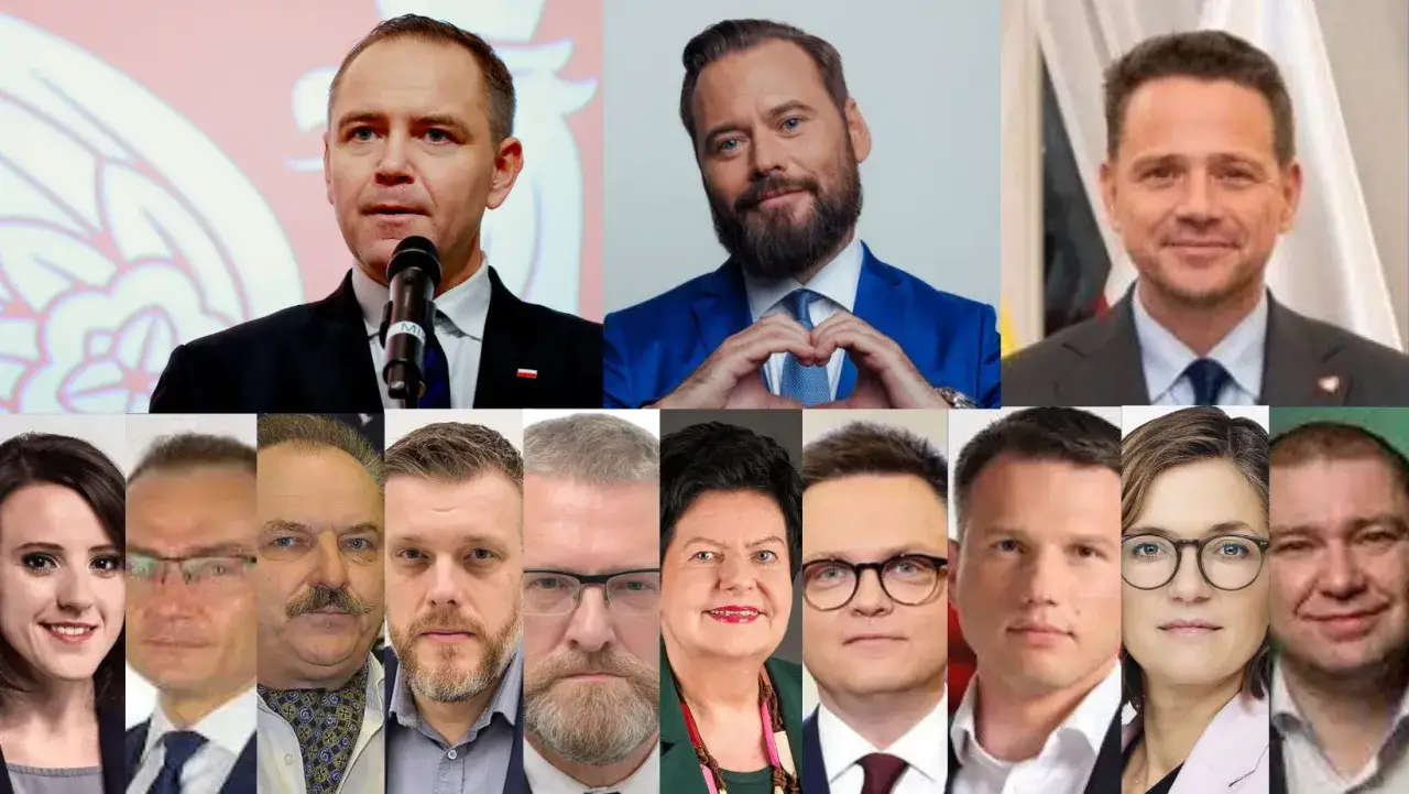 Kandydaci na prezydenta w Polsce: mężczyźni i kobiety w garniturach i strojach biznesowych, gotowi do debaty.