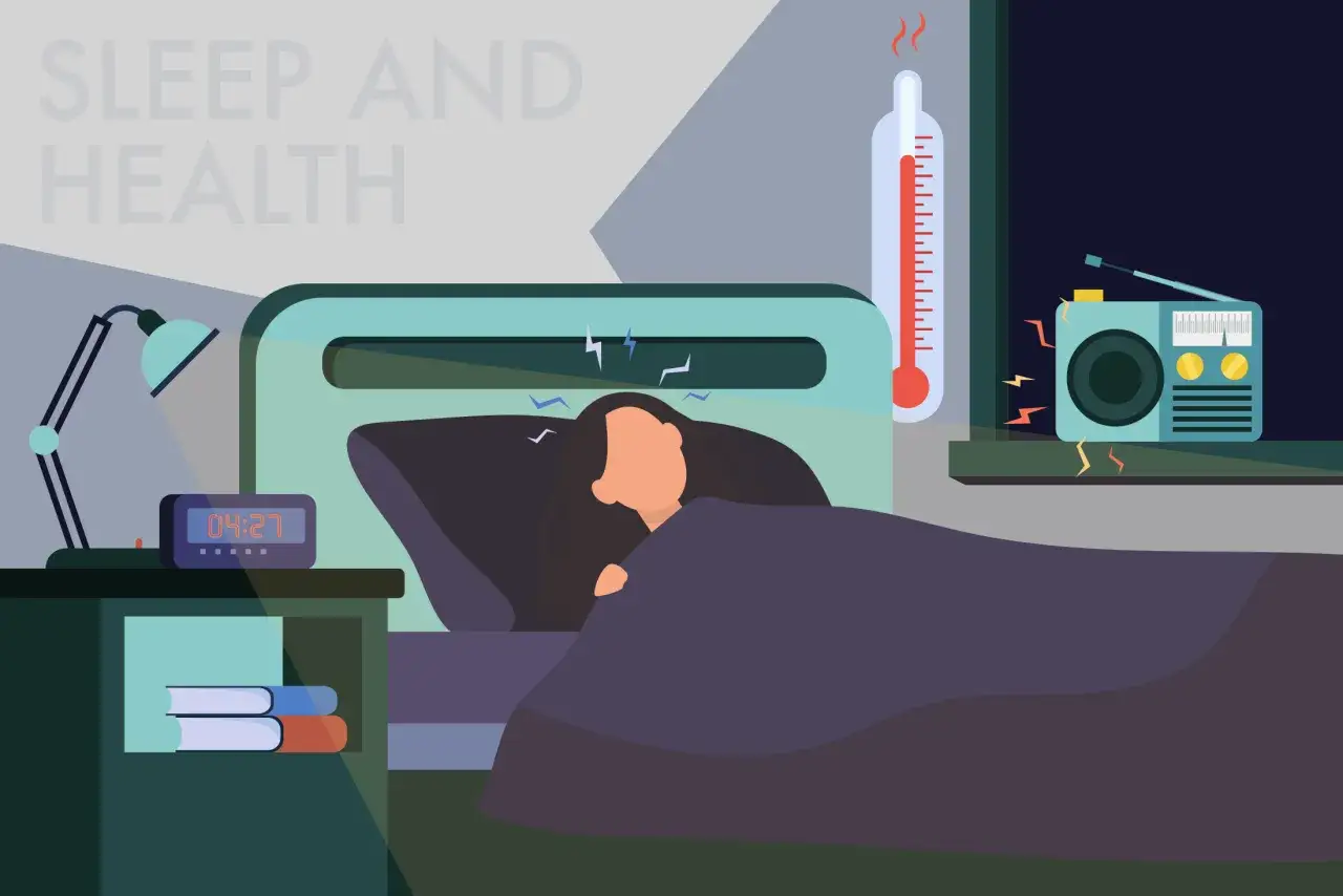 A person sleeps restlessly in bed, with a digital clock showing 4:27 AM, a thermometer indicating a high temperature, and a radio emitting disruptive waves, all contributing to fragmented sleep causes.