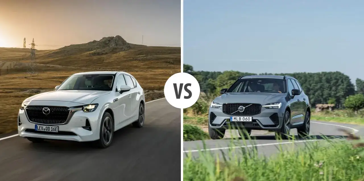 Vit Mazda CX-60 laddhybrid m&ouml;ter en gr&aring; Volvo XC60. Vilken blir b&auml;st i v&aring;rt laddhybrid test?