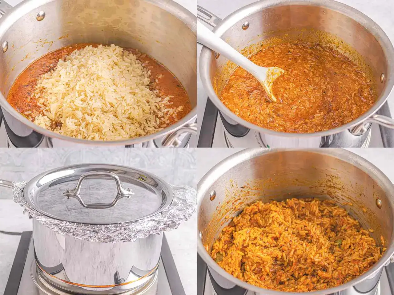 Vorbereitung von Jollof Rice: Reis wird zur Sauce gegeben, umger&uuml;hrt, abgedeckt und fertig gekocht.