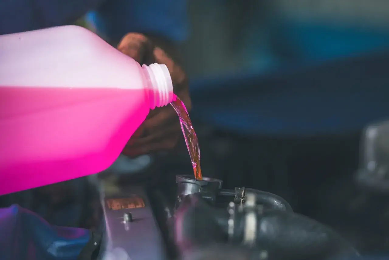 Se vierte líquido refrigerante rosa en el radiador del coche. No se puede echar agua normal al coche.