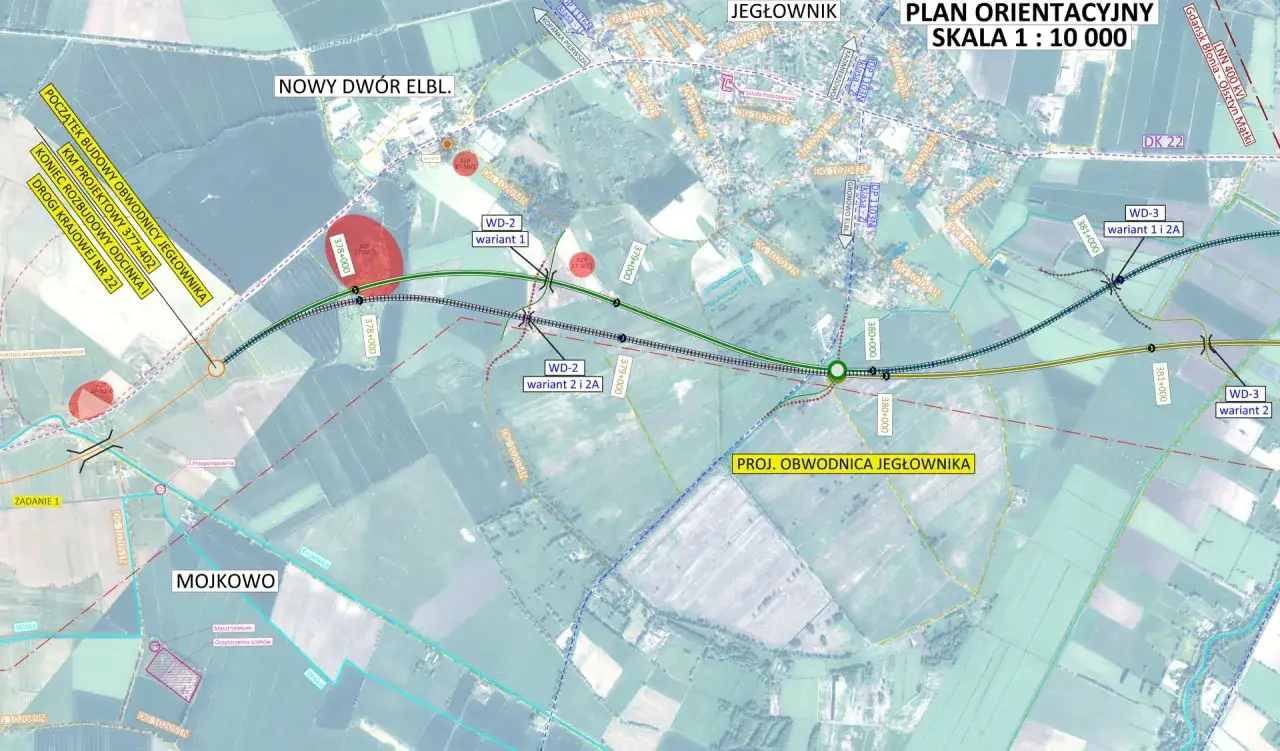 Plan obwodnicy Jegłownika, pokazujący przebieg drogi krajowej nr 22, z zaznaczonymi wariantami budowy i istniejącymi drogami.