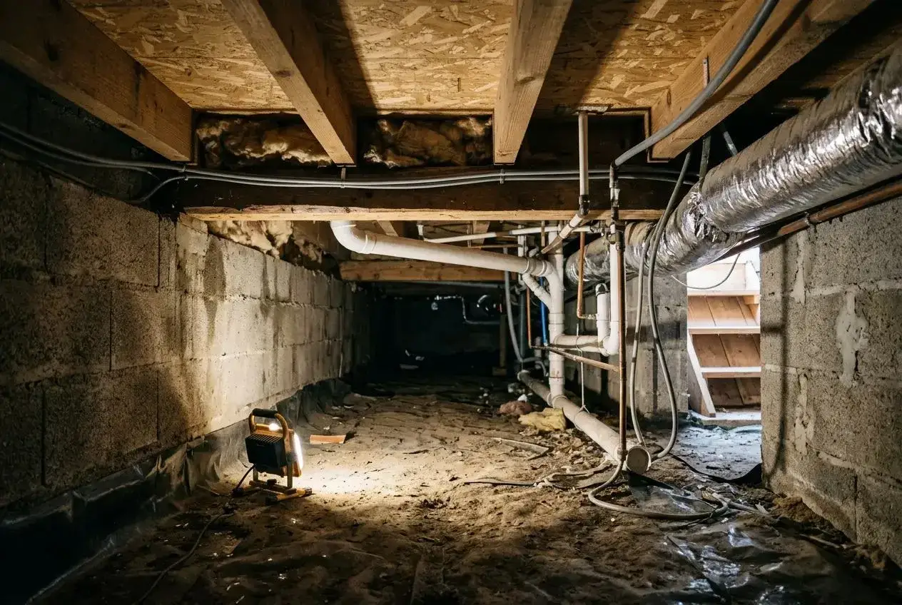 Éclairage d'un vide sanitaire avec un projecteur, révélant les tuyaux et la bâche d'étanchéité vide sanitaire.