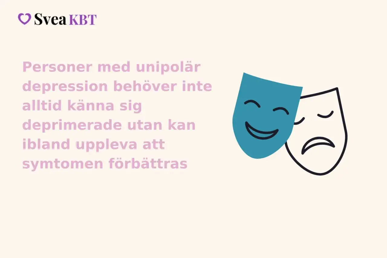 Tv&aring; teatermasker, en glad och en ledsen, symboliserar att personer med depression kan uppleva maniskt beteende och symtomf&ouml;rb&auml;ttring.