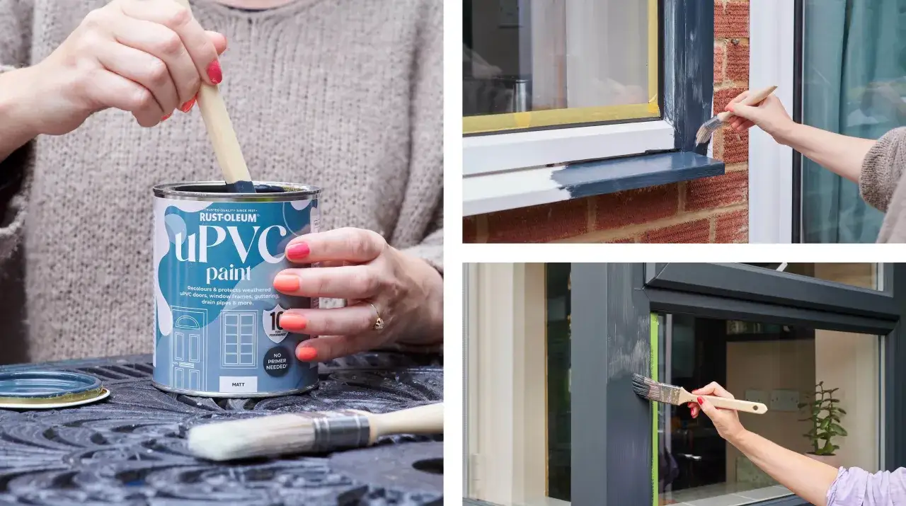 Manos pintando marcos de ventana de PVC con pintura gris. Aprende c&oacute;mo pintar PVC f&aacute;cilmente con esta gu&iacute;a visual.