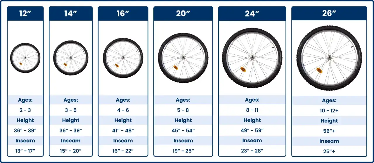 A kids bike size chart showing wheel sizes from 12