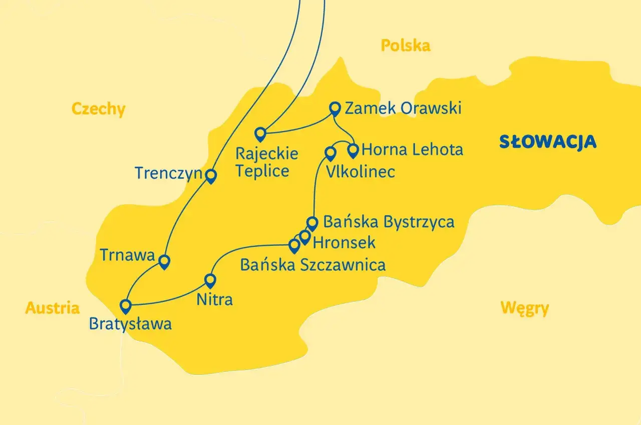 Mapa Słowacji z trasą wycieczki: Bratysława, Trnawa, Trenczyn, Rajeckie Teplice, Zamek Orawski, Horná Lehota, Vlkolínec, Bańska Bystrzyca, Hronsek, Bańska Szczawnica. Idealne na tanie wycieczki objazdowe z Rzeszowa.