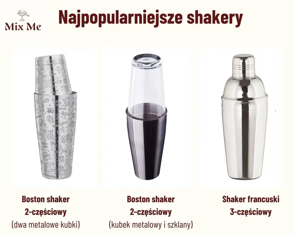trzy rodzaje shaker&oacute;w barmańskich obok siebie