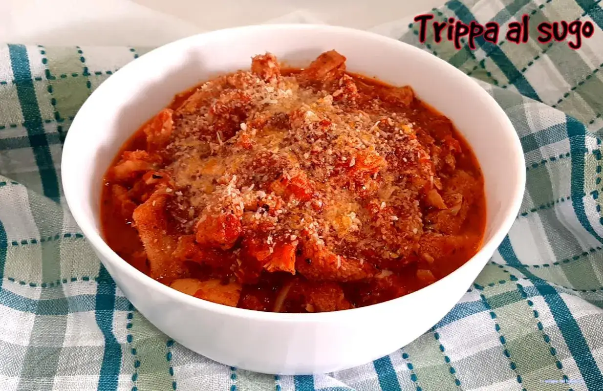 Trippa al sugo, un sapore autentico che ricorda la trippa ricetta della nonna, servita in una ciotola bianca su un tovagliolo a quadri.