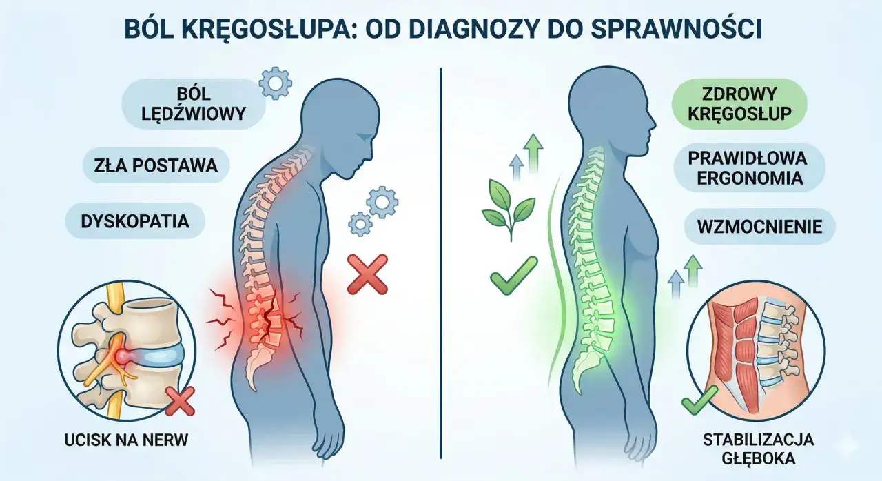 Porównanie kręgosłupa: z bólem, dyskopatią i uciskiem na nerw po lewej, a zdrowym kręgosłupem, dobrą postawą i wzmocnieniem po prawej. Spondyloza to problem, który można rozwiązać.
