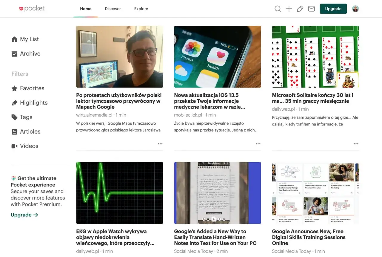 Zapisane strony w Pocket: artykuły o Google Maps, iOS 13.5, Microsoft Solitaire, EKG w Apple Watch i tłumaczeniu notatek.