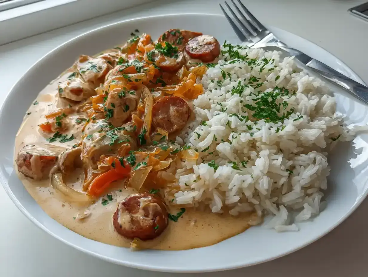 En tallrik med kr&auml;mig korv stroganoff och fluffigt ris, toppad med f&auml;rsk persilja. En klassisk svensk r&auml;tt som v&auml;rmer sj&auml;len.