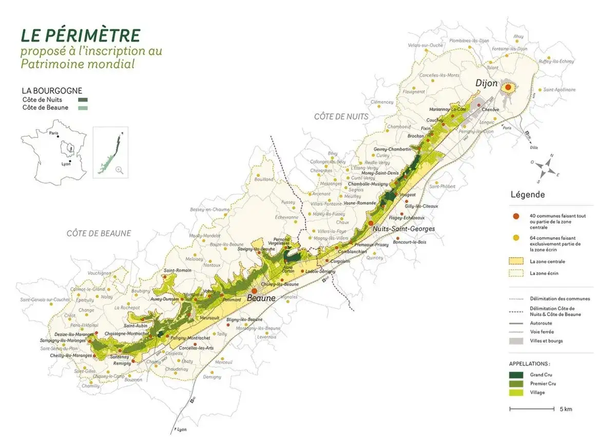 Carte des vignobles de la Côte de Nuits et de Beaune, mettant en évidence les