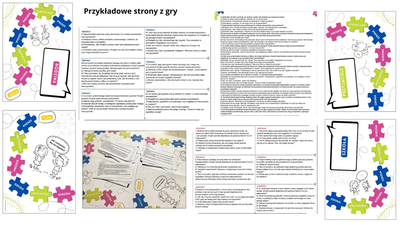 Gra planszowa z zadaniami o relacjach, gdzie pojawia się slang młodzieżowy.
