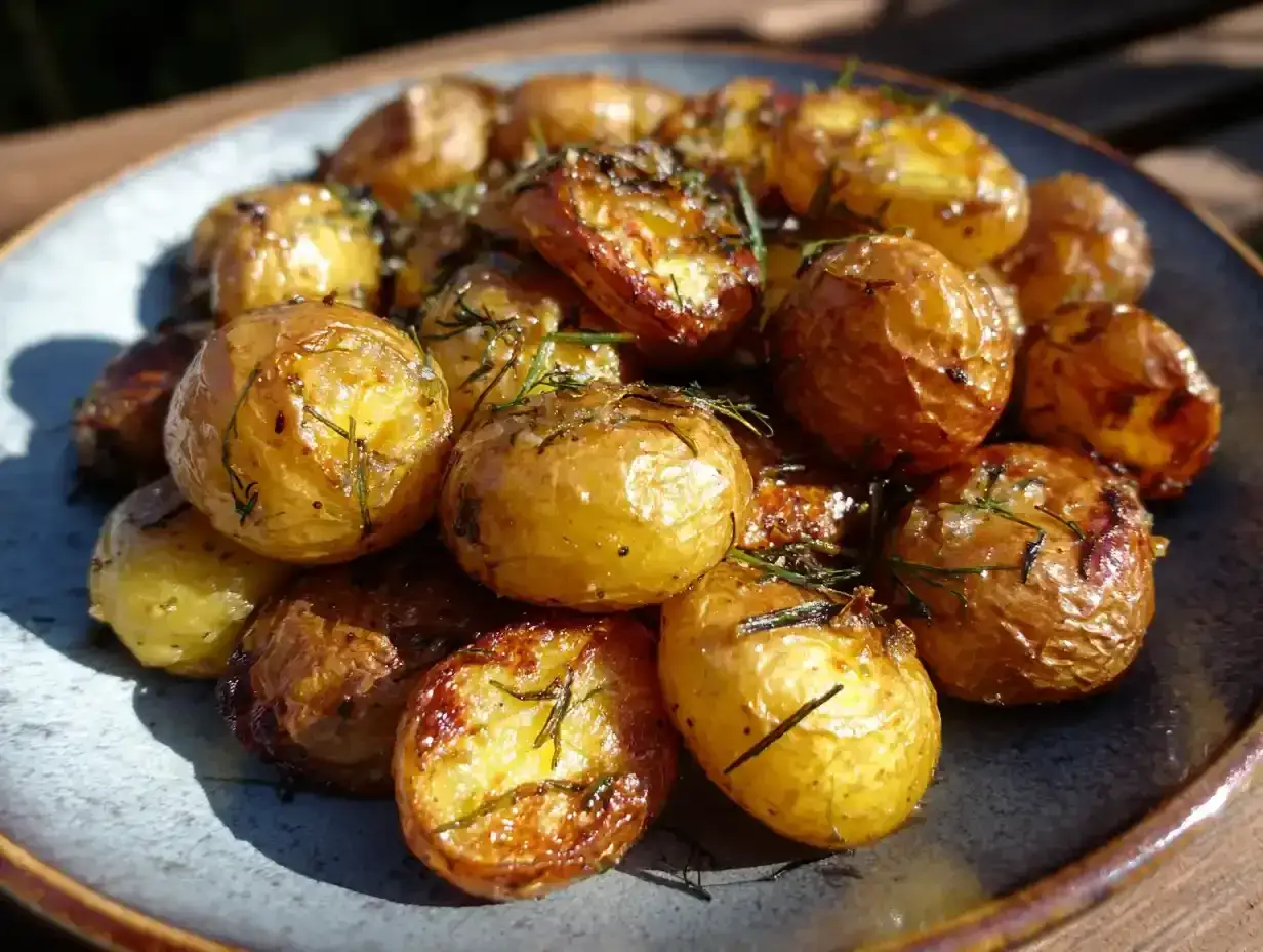 En tallrik med gyllene, ugnsrostade potatisar, kryddade med &ouml;rter. Perfekt som tillbeh&ouml;r till en svensk sommarm&aring;ltid.