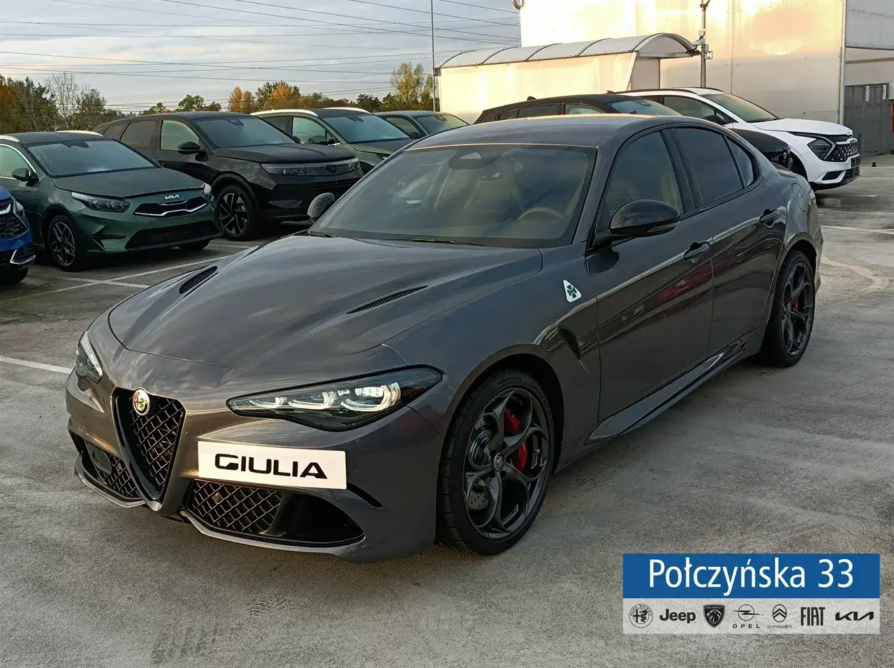 Szary Alfa Romeo Giulia Quadrifoglio z czerwonymi zaciskami hamulcowymi stoi na parkingu.